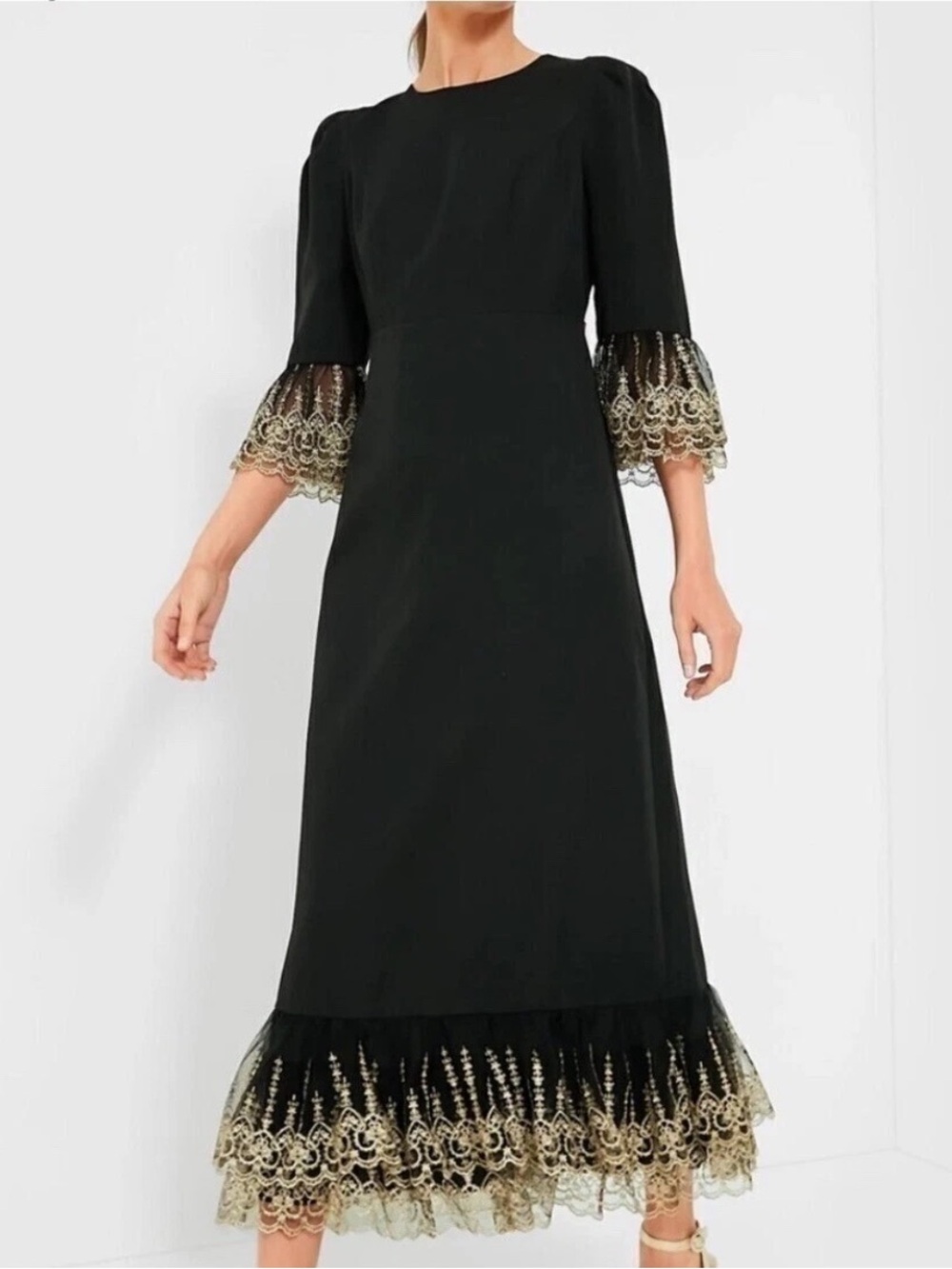 Tuckernuck Pomander Place Black Lillith Gold Lace Bell Sleeve Maxi Dress L Event